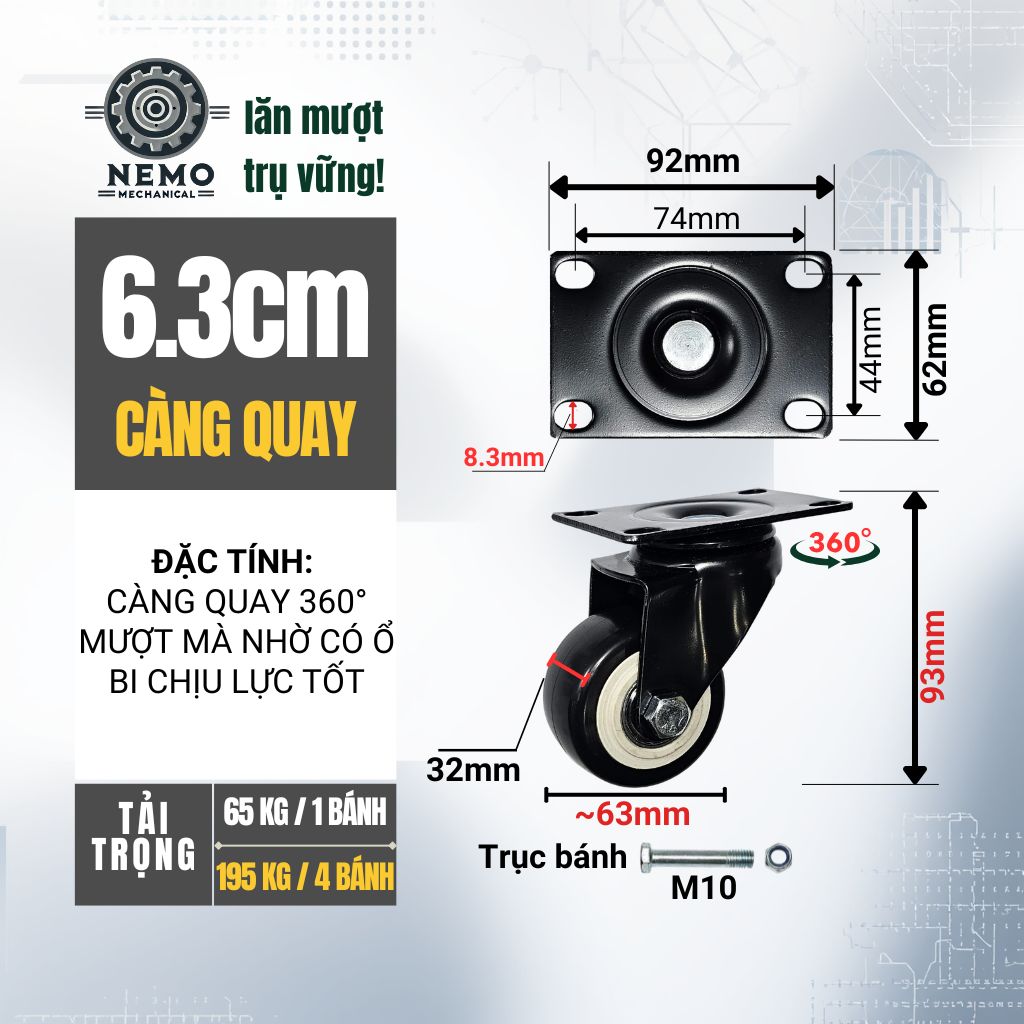 Bánh Xe Đẩy Hàng Đen Trắng – Chịu Tải Tốt, Khung Thép Sơn Tĩnh Điện